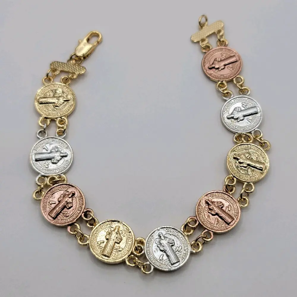 Saint Benedict Bracelet 3 color 8 inches Long (San Benito), 13mm wide  Laminated Gold jewerly Faith Wear Jewelry