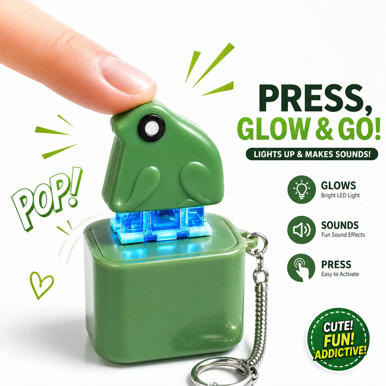 Kawaii Press Button Keychain - Type-C Rechargeable Interactive Fidget Toy with Keyboard Click Sound, LED Flash Lights, Cute Frog Keyring Bag Charm, Sensory Stress Relief Gift for Kids Adults
