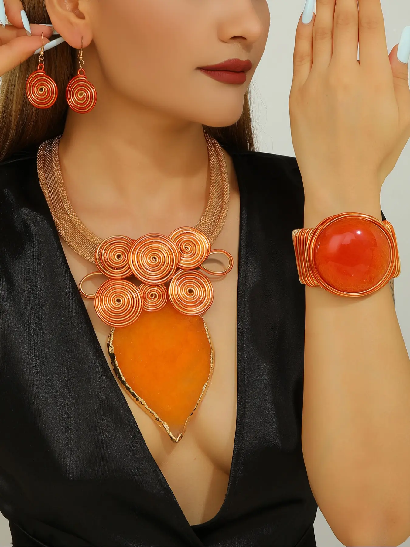 Handmade Handcrafted Large Resin Faux Jade Adjustable Jewelry Set, Creative Aluminum Wire Necklace Earrings Bracelet Bangle, Unique Gift for Women