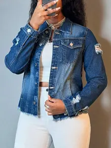 Women Non-Stretch Distressed Raw Hem Cropped Denim Jacket Casual Lapel Button Down Outerwear