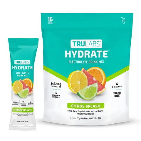 TruLabs Hydrate Sugar-Free Caffeine-Free Electrolyte Powder Packets-1422mg Sticks with 800mg Chloride, 19 Vitamins/Mins, Hydration Boost, Natural Daily Dietary Supplement, Various Flavours