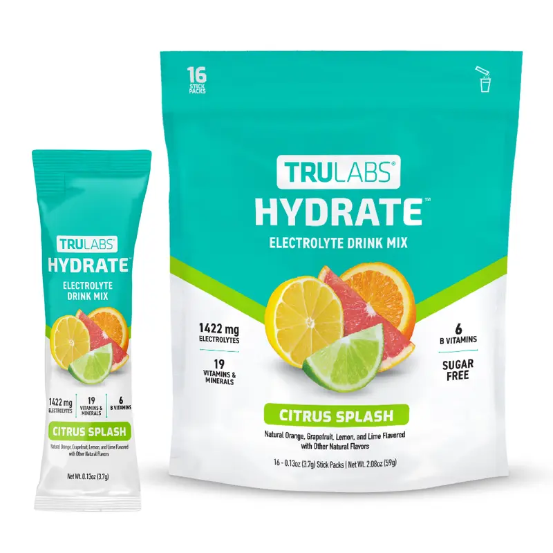 TruLabs Hydrate Sugar-Free Caffeine-Free Electrolyte Powder Packets-1422mg Sticks with 800mg Chloride, 19 Vitamins/Mins, Hydration Boost, Natural Daily Dietary Supplement, Various Flavours