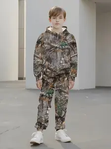 Jungle Camouflage Kids Boys Set, Camo Suit, All over Print Hoodie with Hood + Cuffed Pants, Outdoor Adventure Fashion for Fall & Winter