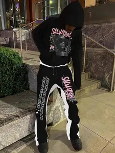 Men's Hooded Sweatshirt & Flare Pants Set, Spider Web & Star Print, Streetwear Style, Perfect for Halloween or Daily Trendy