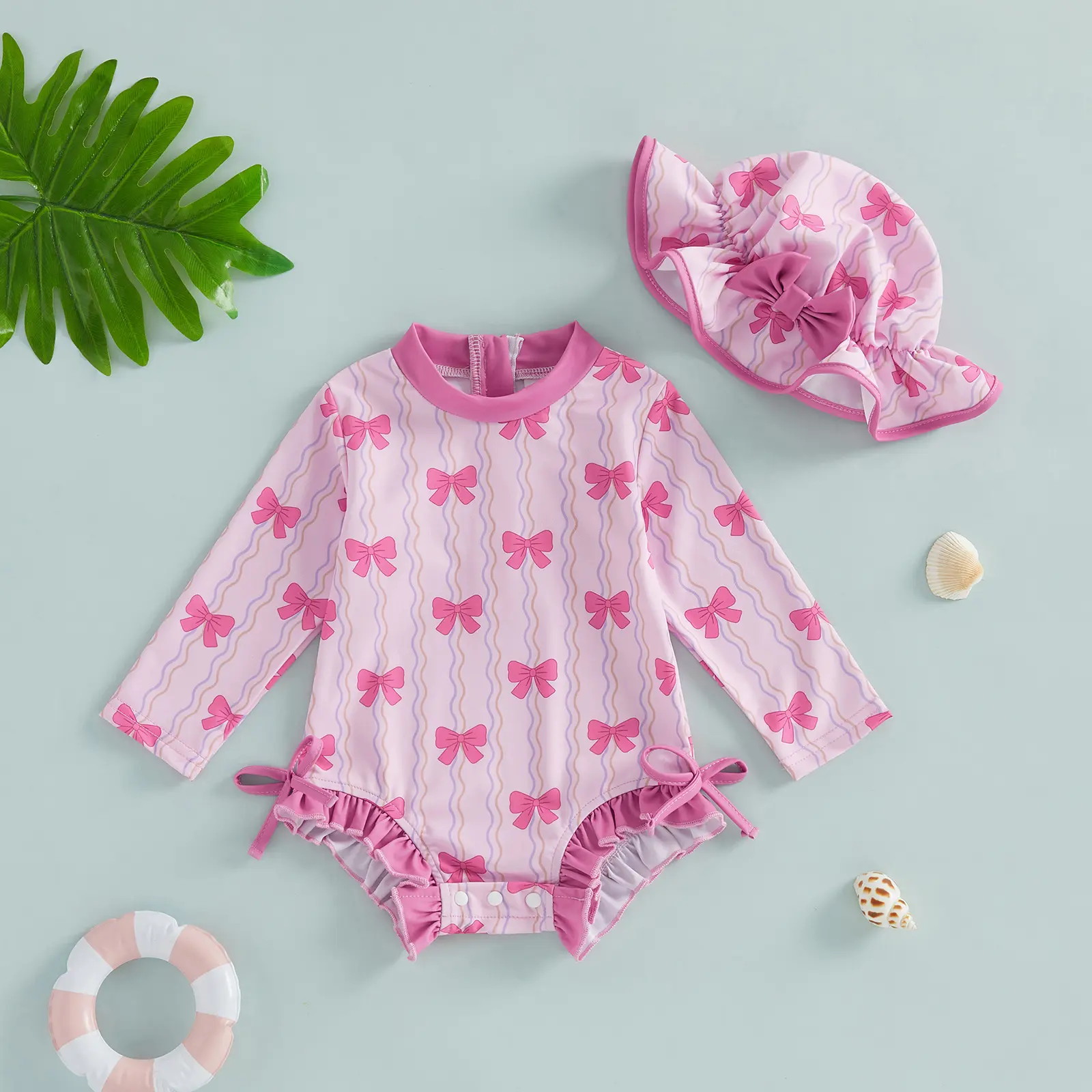 Cute Baby Girls 2-Piece Long Sleeve Bow Print Swimsuit with Hat, Newborn Swimwear for Summer Bathing (0-24 Months, 12-18 Months, 39 cm-41 cm Options)