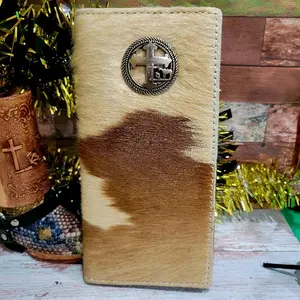Cross praying Cowboy  concho Western Genuine Leather cowhide cowhair Wallet  Bi-Fold 7 Inches Long with Credit Card Slots, Cash and checkbook Compartments & Back Pocket brown and beige Exquisite Cardholder