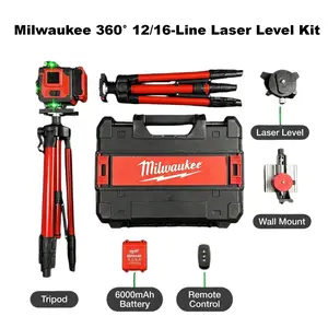 Milwaukee 360° 12/16 Line Laser Level Set, Self-leveling Measuring Instrument With Full Accessories, Durable Structure, Green Laser Design, Applied To Professional Construction, Wall Framing And On-site Layout Tasks