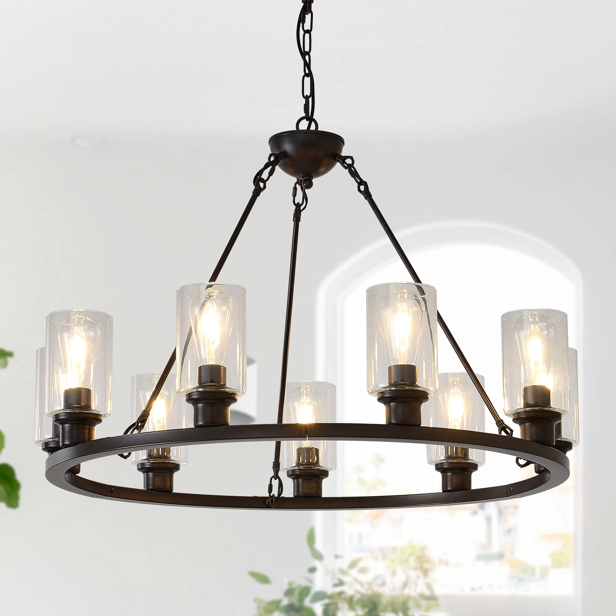 9-Light Metal Frame Wagon Wheel Chandelier - Modern Brown & Coffee Ornamental Ceiling Light Fixture for Dining Room, Photos, Hosting