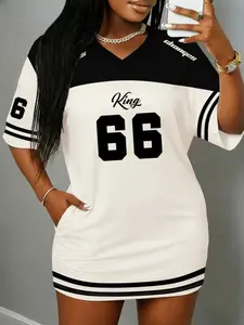 Y2K King66 Letter and Number Print Dress, V Neck Patchwork Drop Shoulder Pocket Loose Fit, Streetwear Casual Wear Sexy Trendy Campus Style Womenswear Dress