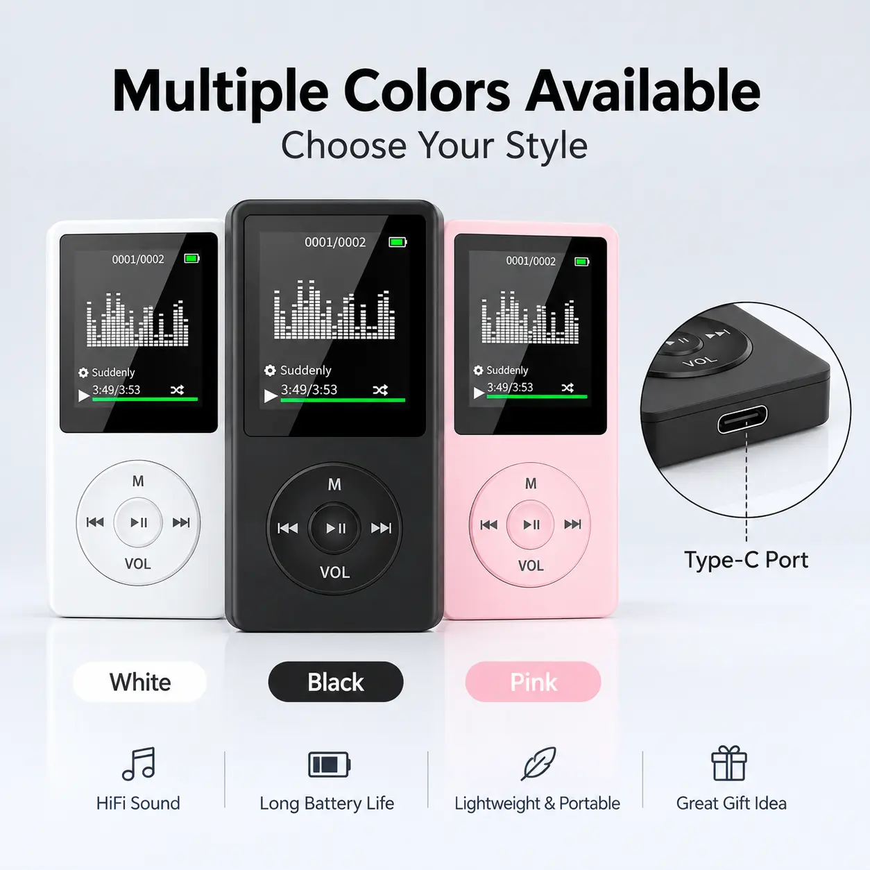 Portable MP3 player with built-in 8GB storage expandable via SD card, featuring a color LCD display, supports USB charging and a reusable design, compatible with multiple audio formats, suitable for music and video playback during study and offline travel
