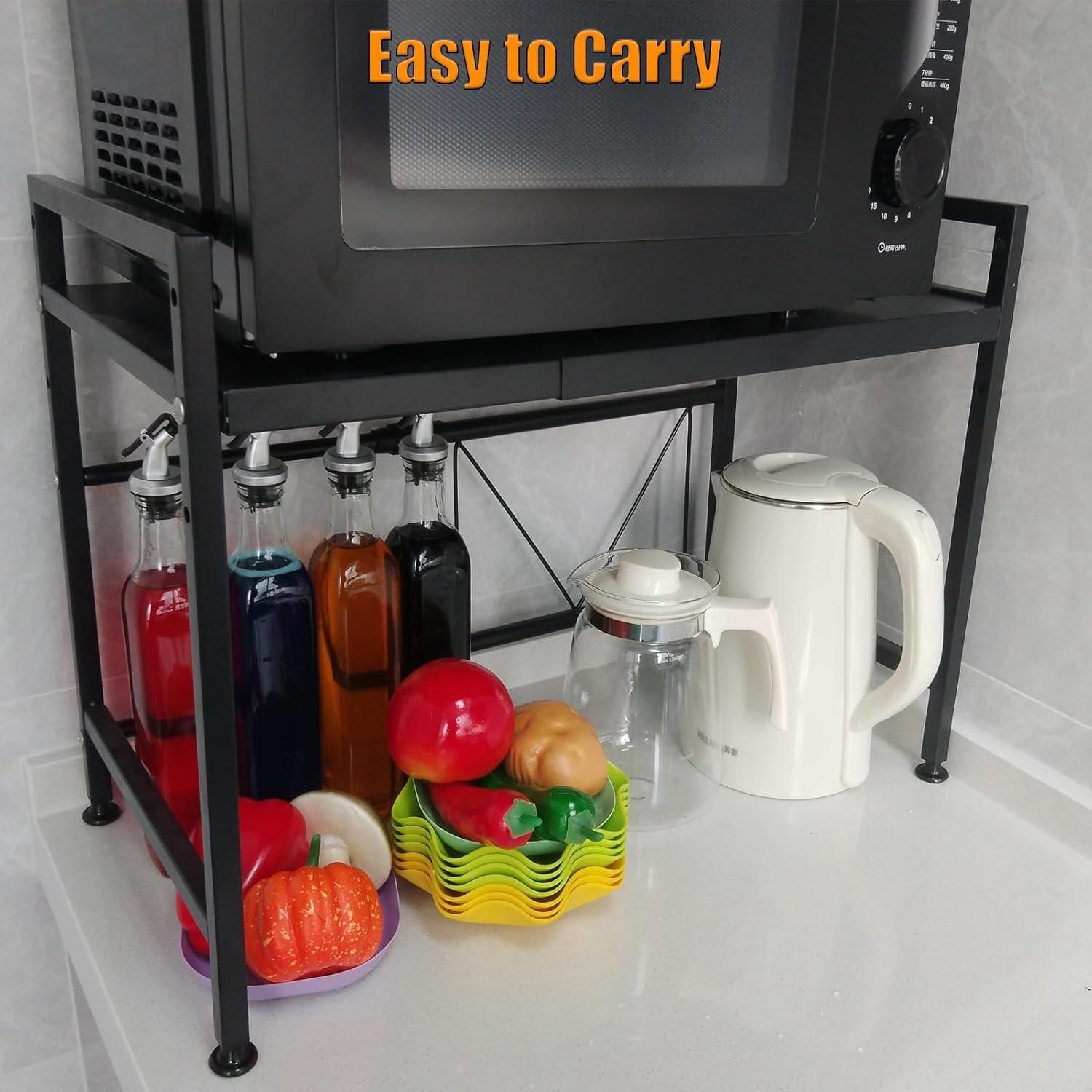 Extendable Microwave Oven Stand, Adjustable Microwave rack Toaster Shelf, Heavy Duty Rack 2 Tier Kitchen Counter Top Organizer with 6 Hooks for Kitchen