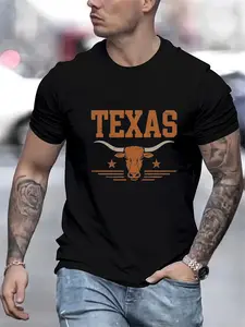 Men's Texas Longhorn Graphic T-Shirt - Texan State Pride Design with Bold LONGHORN Letters - Lightweight Summer Tee for Everyday & Special Occasions - Machine Washable Casual Shirt for BBQ, Parties, Everyday Outfits, Weekend Attire, Statement Top, Breatha
