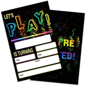 Glow Let's Play Birthday Party Invitations For Boys Girls, Neon Party Invites For Kids, Double Sided Design(20 Cards + Envelopes)