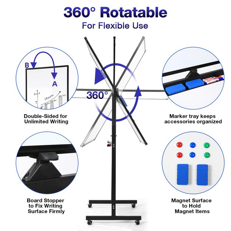 VOWNER Rolling Whiteboard, 40x24 inches Double-sided Magnetic Dry Erase Board on Wheels, with Aluminum Frame, Portable Presentation Board with Iron Stand for Office, Home, School, Black Classroom Supplies