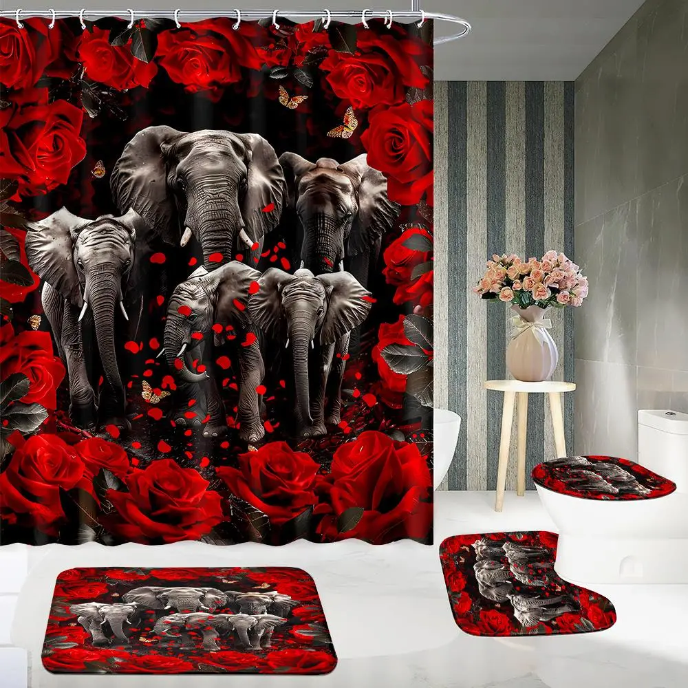 Elephant & Rose Pattern Bathroom Decor Set, Decorative Shower Curtain Set, 4 Counts/set Including 1 Shower Curtain & 1 Toilet U-shape Mat & 1 Rectangular Mat & 1 Toilet Lid Cover, Bathroom Decor Supplies