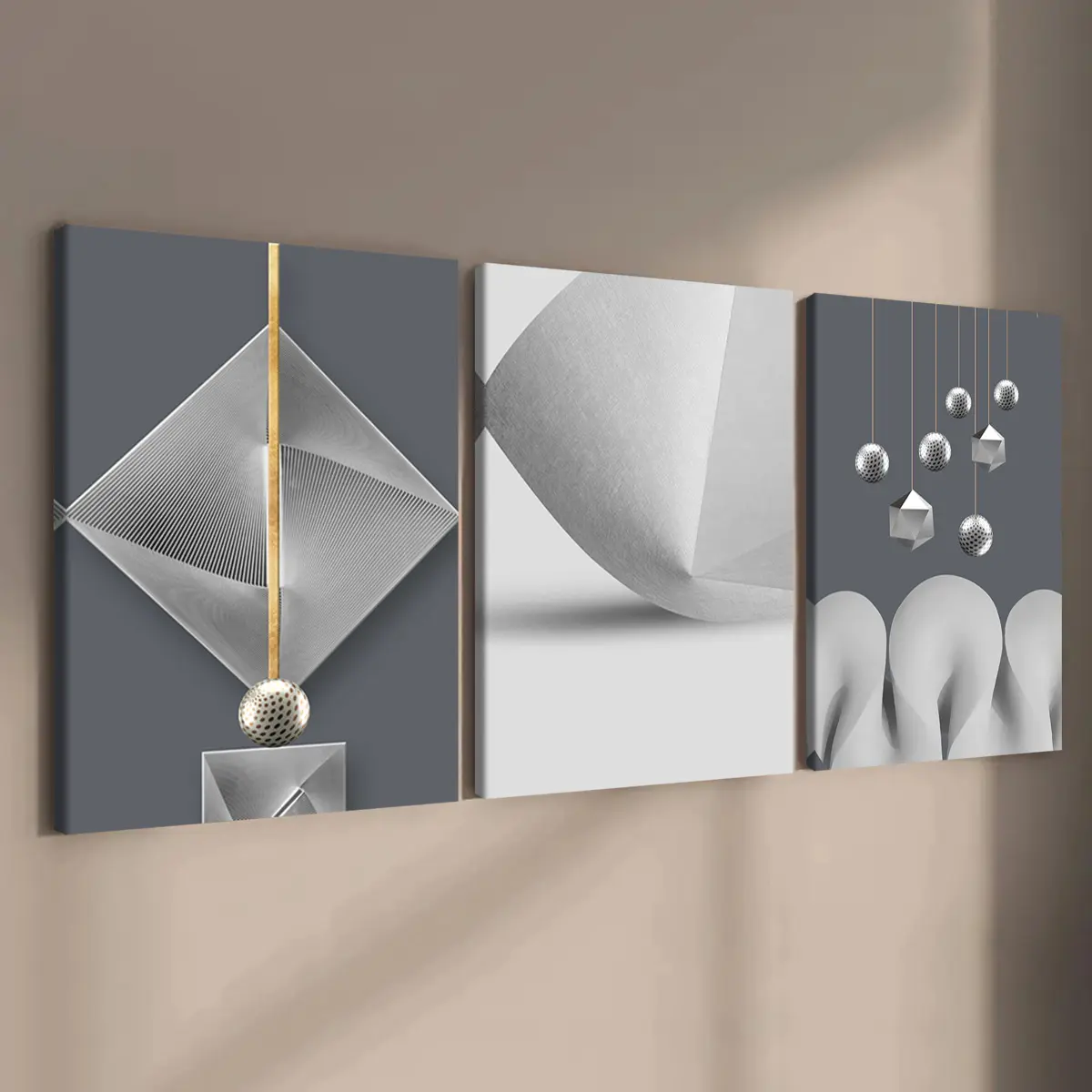Three-Piece Solid Wood Framed Canvas Art, Modern Abstract Geometric Wall Decor