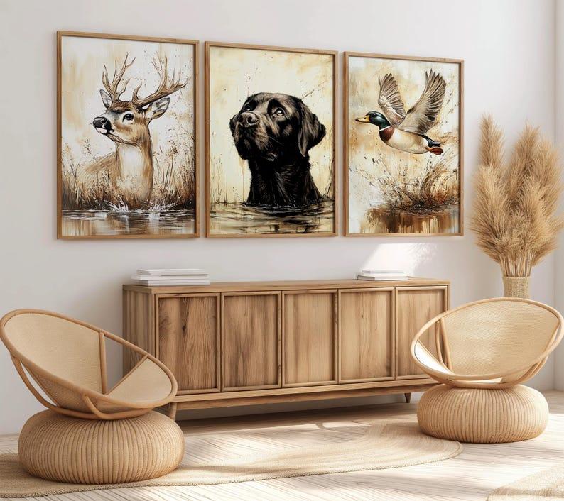 Black Labrador Wall Art Set of 3 Boy Bedroom Nursery Wall Art Hunting Decor Deer Posters Mallard Duck Decor - Premium Quality Graphic Art Prints