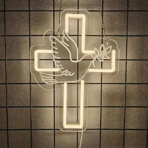 Cross Neon Sign LED Easter Cross Neon Light for Wall Decoration White Dove of Peace Neon Light Signs USB-Powered Light-Up Sign for Festival, Party, Wedding, Home Decor