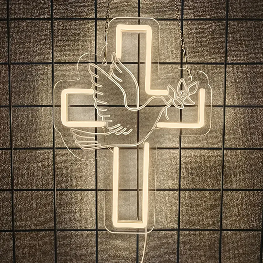 Cross Neon Sign LED Easter Cross Neon Light Led Neon Lights Decorative Light Decor Lighting for Wall Decoration White Dove of Peace Neon Light Signs USB-Powered Light-Up Sign for Festival, Party, Wedding, Home Decor