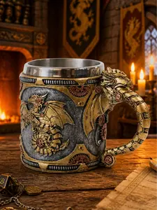 The Armored Kingdom Yellow Mechanical Dragon Mug - 14 Ounce Stainless Steel Interior - Fantasy Craftsmanship - Unique Collector's Gift - Steampunk Design - Dragon Lovers & Fantasy Collectors - Drinkware, Drink Drink Drinkware Aesthetic Ancient Castle fath