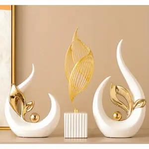 Art Deco Resin Sculptures Set of 2 Decorative Flame-Shaped Statues with Golden Accents, Multipurpose Tabletop Decor for Living Room & Entryway