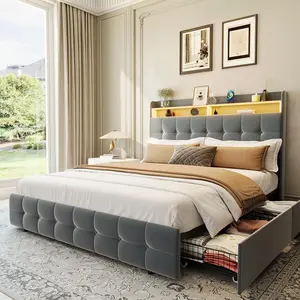 Garvee - Queen Size Bed Frame with 2 Storage Drawers, Queen Upholstered Bed Frame with LED Light, Double-Layer Headboard with Charging Outlet and USB Port, Soft Plush Fabric, Gray