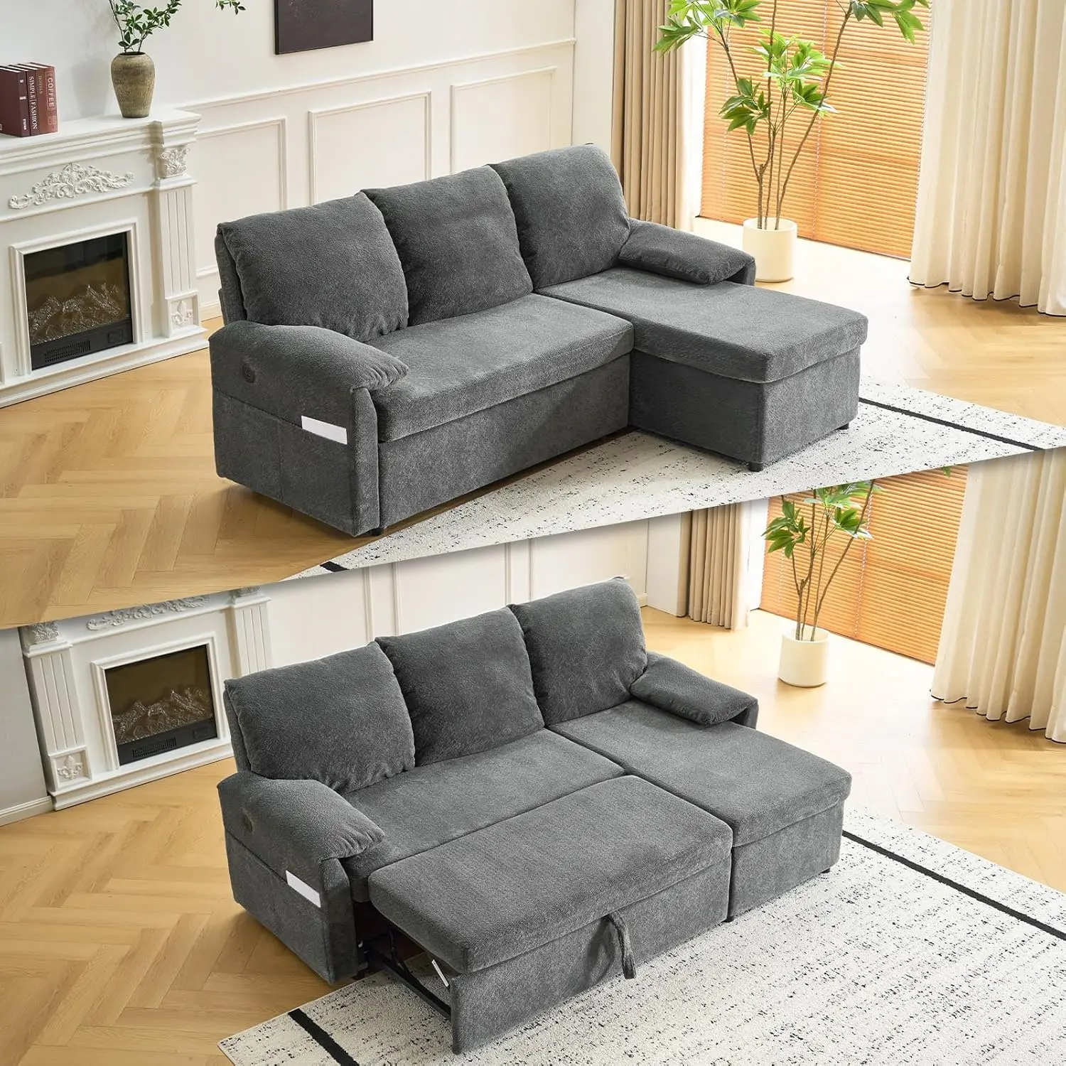 VINGLI Convertible Sofa Bed Couches for Living Room, Sleeper Sofa with Pull Out Couch Bed, Cloud-Like Plush Fleece Sectional Couch with Storage Chaise, USB Charging, Side Pockets