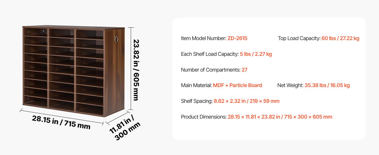 VEVOR Wood Literature Organizer 27 Compartments Office Mailboxes Brown, Countertop Literature Sorter for Files Documents Papers, with Adjustable Shelves, for Office, Home, Classroom Organization