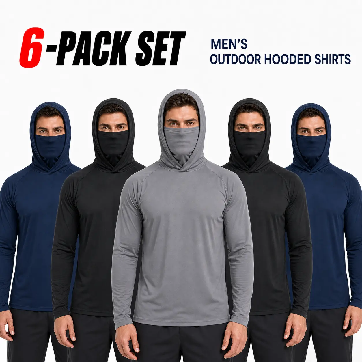 Men’s 6-Pack Performance Hoodies with Built-in Hood, Face Mask, Lightweight Long Sleeve Athletic Shirts, UPF 50+ Sun Protection, Moisture-Wicking, Breathable Quick-Dry Mens Clothing Gym Gear for Running, Fishing, Outdoor Work, Uv-Protective, Long Sleeve T