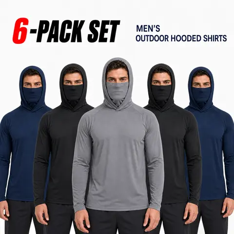 Men’s 6-Pack Performance All-Season Hooded Athletic Clothes, Built-in Dust-Proof Hood, Dust & Wind Guard, Neck+Ear Guard, Cooling Quick-Dry Lightweight Durable Long-Sleeve, UPF 50+ Sun Protection, Moisture-Wicking Breathable Gym Gear for Running, Fishing