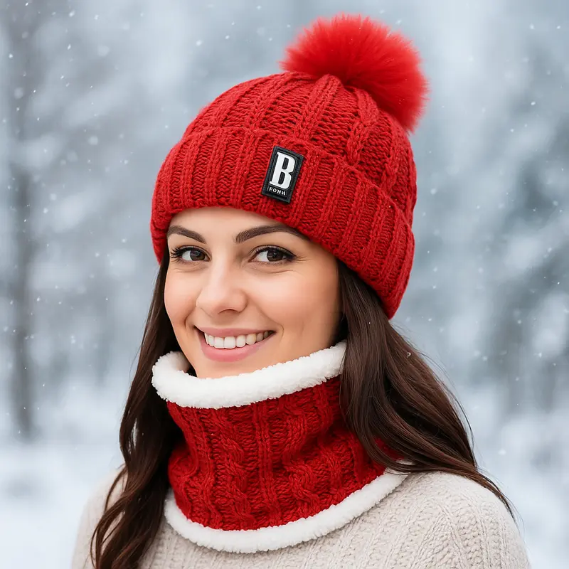 Beanie Pompom Hat and Scarf Set for Women – Soft Knitted Winter Warm Thick Cozy Outdoor Wear