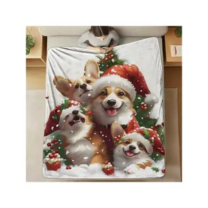 1pc Christmas Corgi Dog Pattern Flannel Throw Blanket, Soft Quilted Polyester Knit, Digital Print Cozy Blanket For Couch, Bed, Office, Travel, And Camping - Versatile All-Season Comfort-30*40in