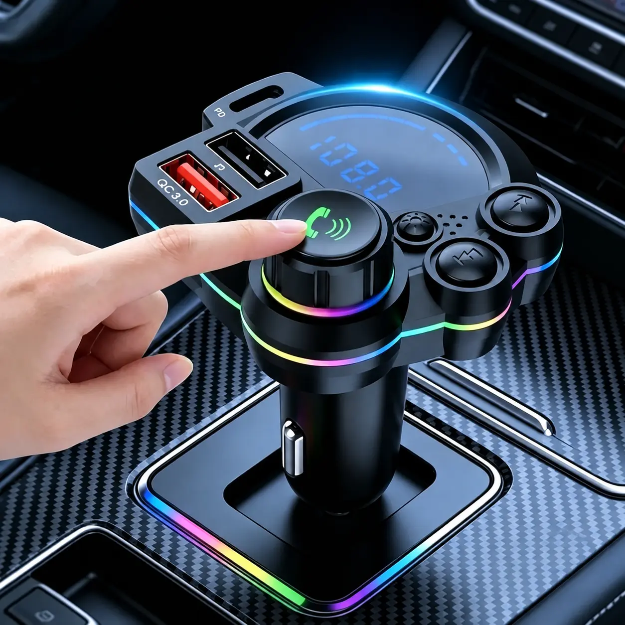 Bluetooth 5.3 Car FM Transmitter - QC3.0 & PD 20W Fast Charger, FM Radio, RGB Lights, Wireless MP3 Player, Hands-Free Calling, Deep Bass, TF Card/USB Drive Support, 12V-24V Universal Vehicle Compatible