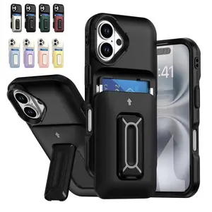 Push Slip Card Case Insertable Folding Stand Dropproof Phone Case, Thickened Military Outdoor Stress Relief Protective Case for iPhone, Cover