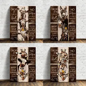 1PC Toilet Rules Wall Art Canvas Funny Bathroom Animal cow, giraffe, goat, donkey，Wall Art Decor for Home Living Room Bedroom Office, Wall Art Decoration, Wood, Photo, Hanging, Print
