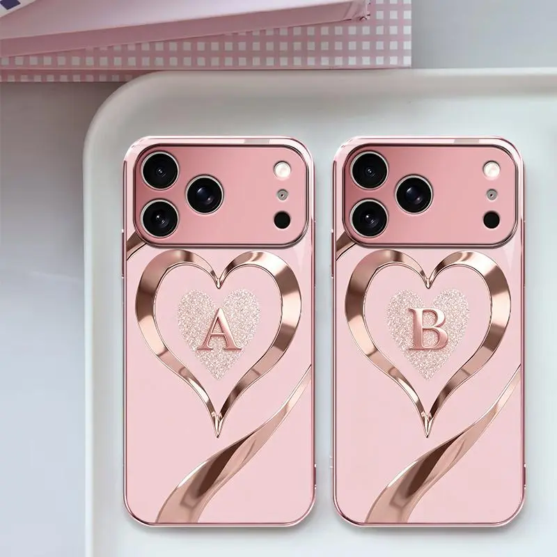 Suitable for [iPhone 17 Pro Max ] Luxury Rose Gold Heart Monogram Phone Case | Personalized A-Z Initial Electroplated Glossy Glass Protective Cover | Shockproof Drop Protection, Anti-Scratch & Anti-Fingerprint | Cute Gift for Her -JS996