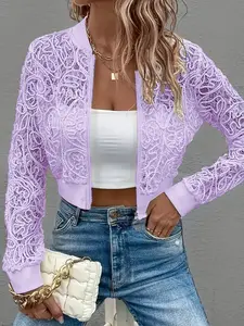 Elegant Women's Short Lace Patchwork Zipper Jacket, Comfortable Casual Outerwear, Perfect for Vacation Style, No Tank Top Included
