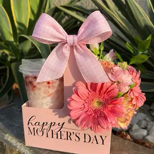 Mother’s Day Floral Drink Holder Gift Box with Bow | Pink Coffee Carrier Gift Basket | Flower Cup Holder for Mom