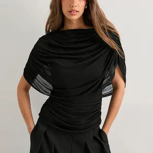 Cowl Neck Draped Ruched Top | Elegant Asymmetrical Drape Blouse,Asymmetrical Cowl Neck Draped Top | Fitted Waist Ruched shirt