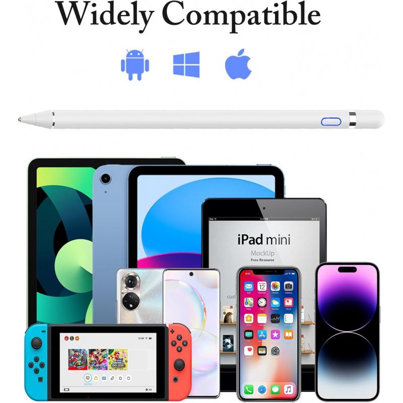 Active Digital Stylus Pen for Touchscreen, Stylus Pencil for Apple iPad mini/Pro/Air, Samsung, iPhone, Android and Most Phone & Tablet, 1.5mm Fine Point Rechargeable Pens - White