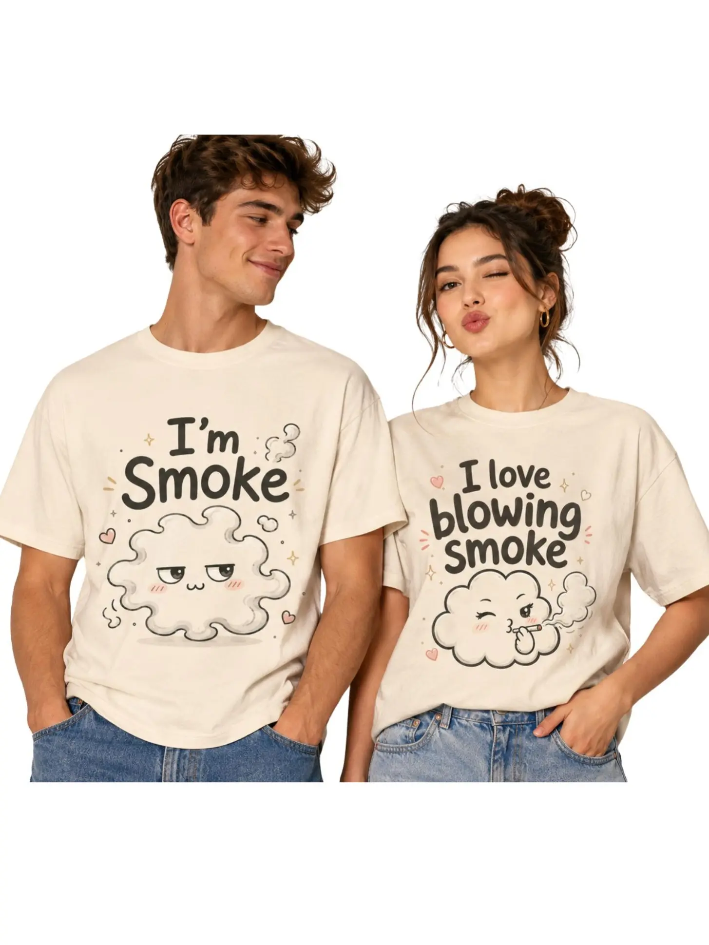 Unisex Matching Graphic Couple T-Shirts ,Women's- "I'm Smoke & I Love Blowing Smoke" Funny His & Hers Tops, Anniversary Valentine's Day Gift