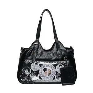 FAURALA Gothic Anime Ita Bag - PU Leather Shoulder Tote Clear Badge Display Pocekt | Detachable Card Holder, Buckle Accents, Dual Carry Ways, Stylish Handbag for Ita Collectors Perfect for Anime Conventions & Daily Use