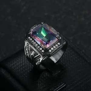 New Retro Punk Ring Titanium Steel Polished Inlaid Colorful Synthetic Gemstone Rhinestone Men's Ring