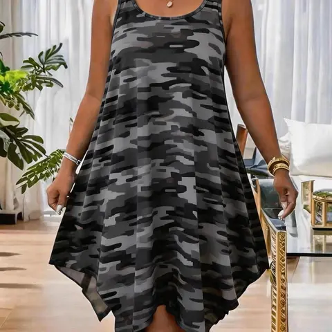 New Arrival Women's Summer Fashion Sleeveless Camouflage Print Dress, Casual Dresses, Asymmetrical Hem Casual Elegant Chic Daily Wear, Plus Size Comfortable, Breathable, Lightweight Style, Everyday, Womenswear