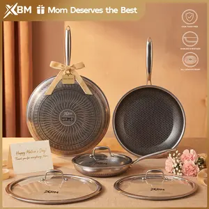 XBM Professional Hybrid Nonstick Frying pots and pans set - Rivetless Seamless Interior, 100% PFOA/PTFE Free Ceramic Honeycomb Skillet, Tri-Ply Stainless Steel, Induction & Oven Safe - Single Pan (7/8/10/12in) OR 3-Pc Set Cookware Glass Handles Metal Lid