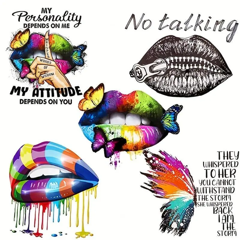 5pcs Butterfly Lip Iron on Patches Iron on Decals Clothing, Heat Transfer Vibrant Colorful Lip Decals Washable Sticker Versatile Usage DIY Products, Decorate Jackets, Personalized Touch for DIY Jacket T-Shirt Jean Hat Backpack Decoration Crafts DIY Kit