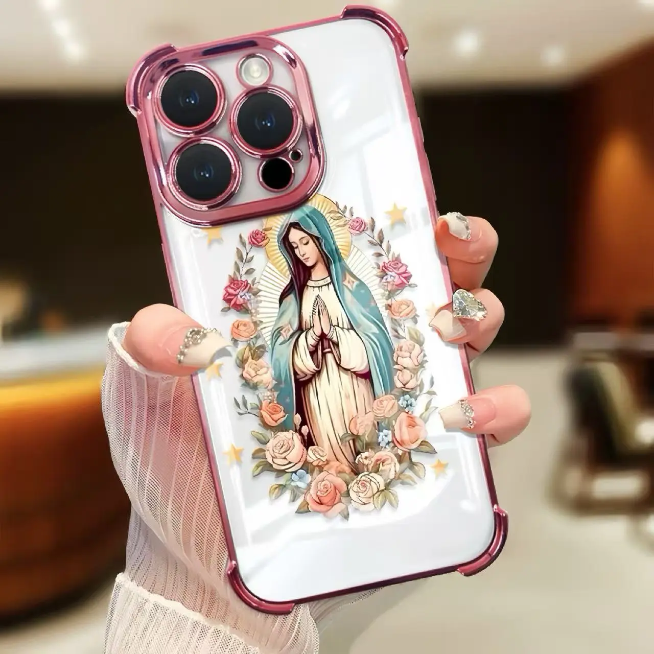 Virgin Mary four-cornered anti-fall mobile phone case, suitable for iPhone17/16/15/14/13/12/11ProMax Plus, smartphone case, tup shockproof transparent and sturdy mobile phone protective cover