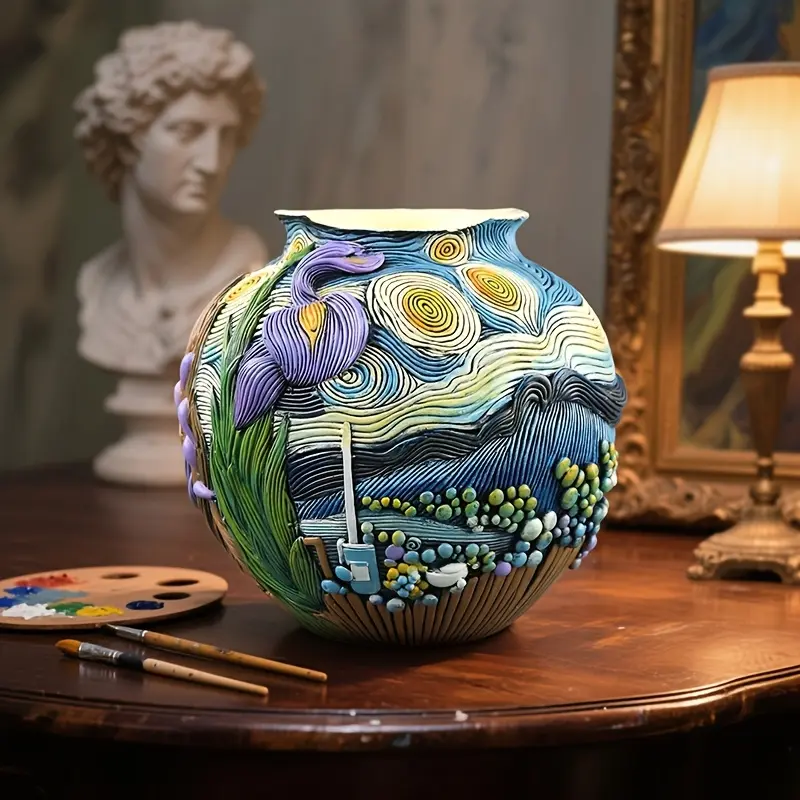 UWONDERFUL Handcrafted Compact Resin Flower Vase - Lightweight, Sturdy, Hand-Painted Starry Skies Design, Decorative Medium Size Indoor Pot with Drainage Hole, Modern Home Decor Gift for Girls, Flower Vases, Decorative Flower Pots