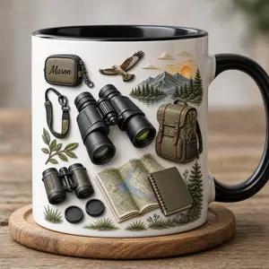 Personalized Hiking Mug 2D Printed 3D Effect, Custom Name Ceramic Coffee Cup with Binoculars Mountain Map Backpack Design, Gift for Outdoor Lover Men