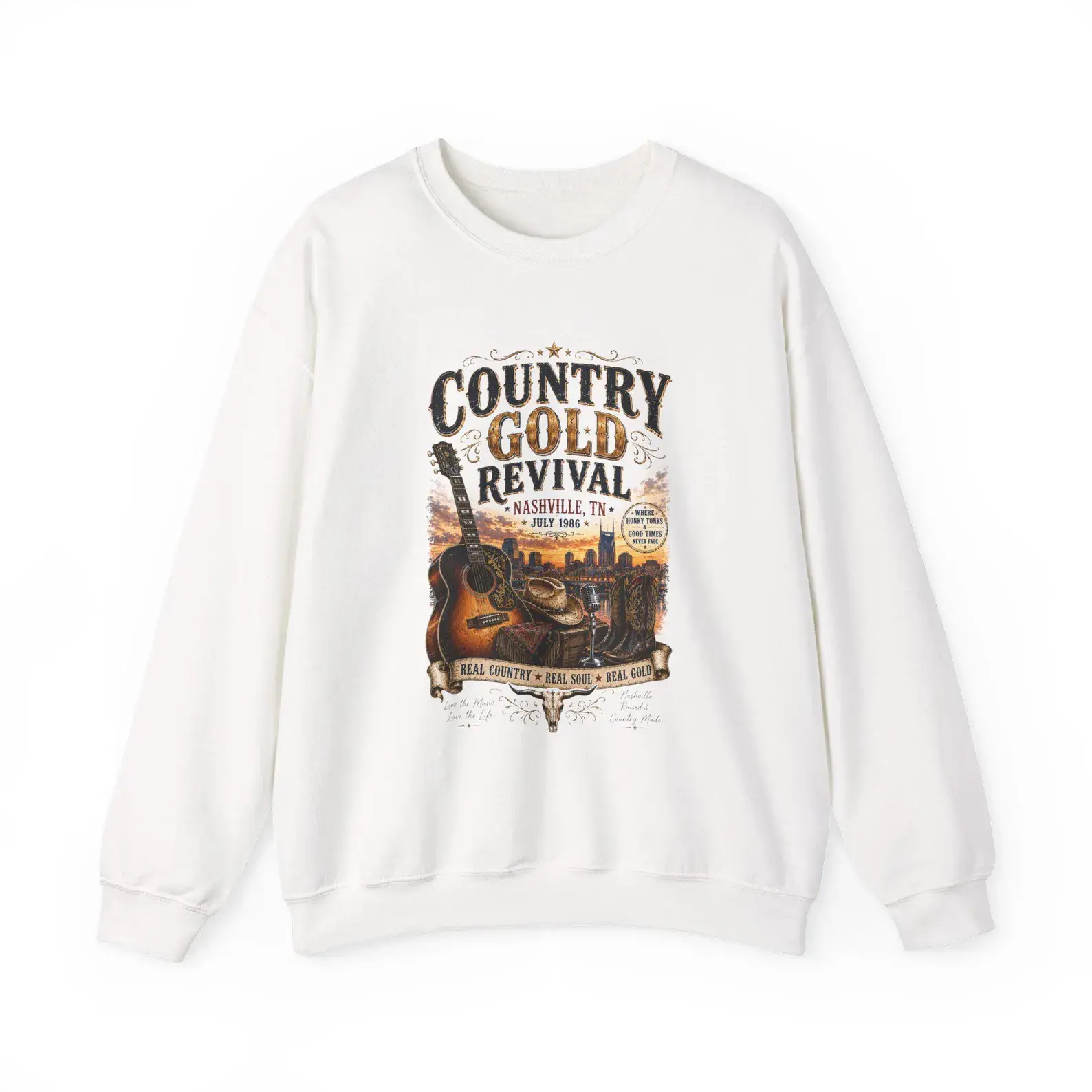 Women's Country Gold Revival Comfortable Casual Sweatshirt - Vintage Nashville Concert Graphic T-Shirt, Everyday Western Garment, Fabric